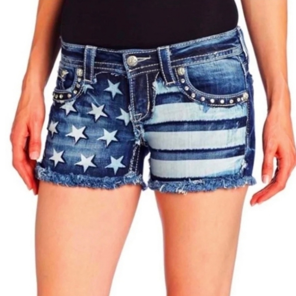 Miss Me Jean Shorts with American Flag Pattern